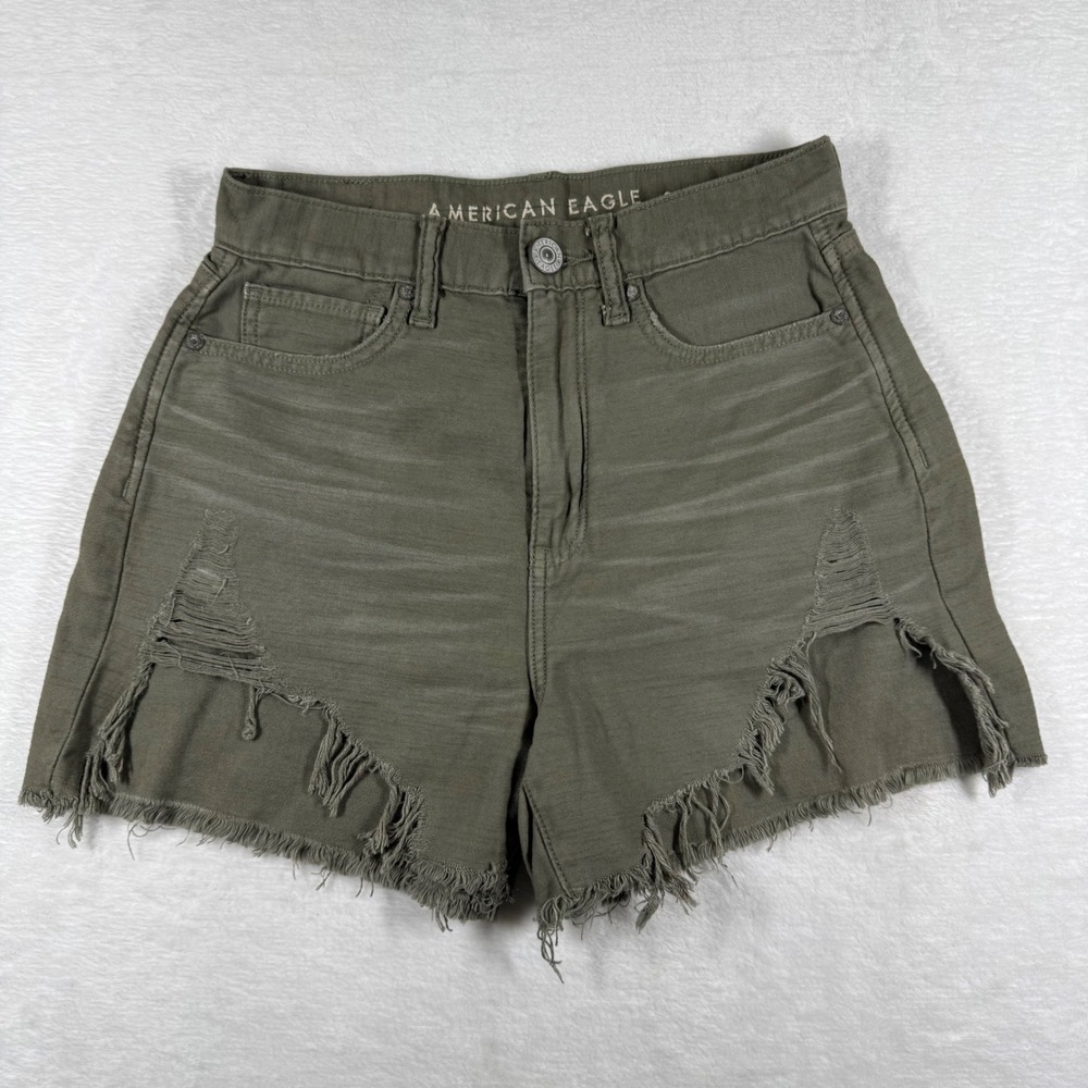 American Eagle Olive Green High Waisted Distressed Frayed Hem Shorts Size 2